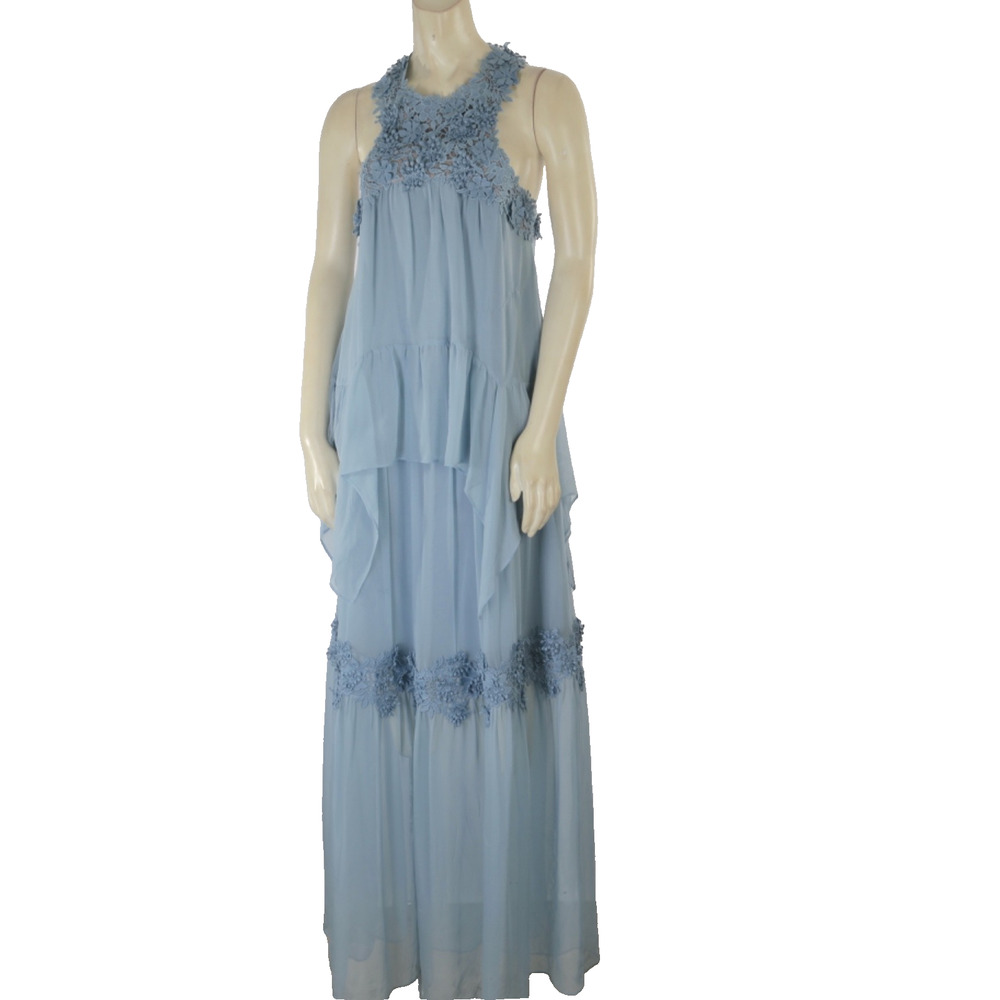 BCBG Silk Maxi Dress Light Blue Lace Overlay Ruffle Tiered Sleeveless Gown 4